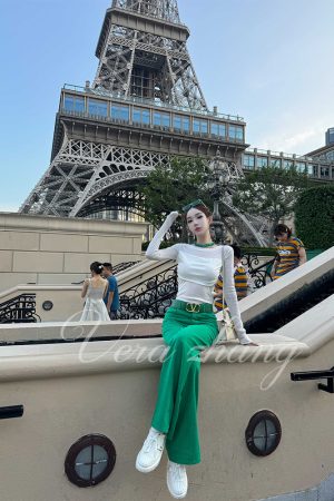 Sheer Long Sleeve T-Shirt Top for Women - Supermodel Style Casual Summer Outfit with Wind Detail and Long Pants