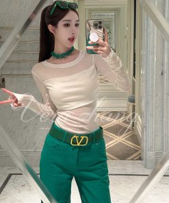 Sheer Long Sleeve T-Shirt Top for Women - Supermodel Style Casual Summer Outfit with Wind Detail and Long Pants