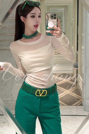 Sheer Long Sleeve T-Shirt Top for Women - Supermodel Style Casual Summer Outfit with Wind Detail and Long Pants
