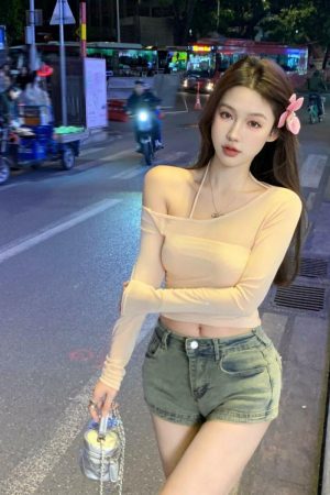 Sheer Mesh Long Sleeve Crop Top Women's Summer Two-Piece Set - Sweet and Spicy Sexy Camisole for Sun Protection
