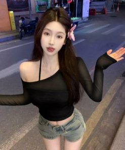 Sheer Mesh Long Sleeve Crop Top Women's Summer Two-Piece Set - Sweet and Spicy Sexy Camisole for Sun Protection