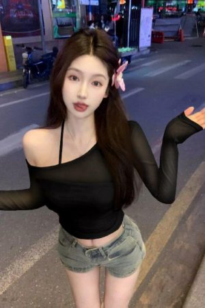 Sheer Mesh Long Sleeve Crop Top Women's Summer Two-Piece Set - Sweet and Spicy Sexy Camisole for Sun Protection