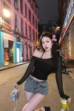 Sheer Mesh Long Sleeve Crop Top Women's Summer Two-Piece Set - Sweet and Spicy Sexy Camisole for Sun Protection
