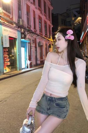 Sheer Mesh Long Sleeve Crop Top Women's Summer Two-Piece Set - Sweet and Spicy Sexy Camisole for Sun Protection