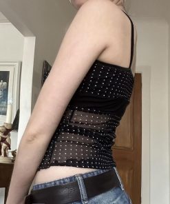 Sheer Mesh Polka Dot Camisole - Sexy V-Neck, Waist-Cinching Slim Fit Top, European and American Style, Perfect for Night Out