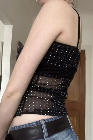 Sheer Mesh Polka Dot Camisole - Sexy V-Neck, Waist-Cinching Slim Fit Top, European and American Style, Perfect for Night Out