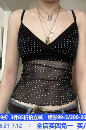 Sheer Mesh Polka Dot Camisole - Sexy V-Neck, Waist-Cinching Slim Fit Top, European and American Style, Perfect for Night Out