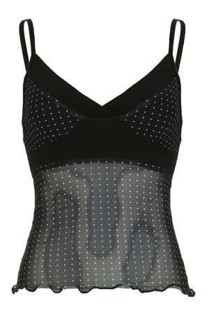 Sheer Mesh Polka Dot Camisole - Sexy V-Neck, Waist-Cinching Slim Fit Top, European and American Style, Perfect for Night Out