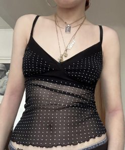 Sheer Mesh Polka Dot Camisole - Sexy V-Neck, Waist-Cinching Slim Fit Top, European and American Style, Perfect for Night Out
