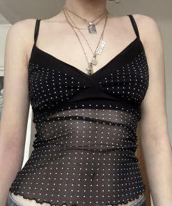 Sheer Mesh Polka Dot Camisole - Sexy V-Neck, Waist-Cinching Slim Fit Top, European and American Style, Perfect for Night Out