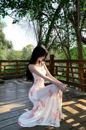 Sheer Mesh Rose Spaghetti Strap Bodycon Dress for Women - Elegant Fitted Waist-Cinching Long Dress in French Style for Summer