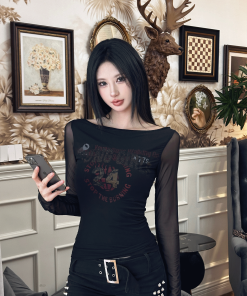 Sheer Tight-Fitting Fake Two-Piece T-Shirt for Women, Irregular Neck Halter Top - Stylish Early Autumn Fashion