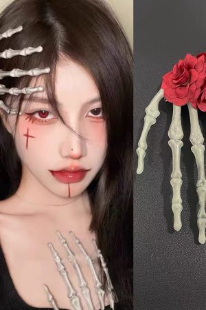 Sheer Wine-Red Transparent Mesh Gloves with Rose Skull Hairpin - Vintage Halloween Cosplay Accessories for Spicy Looks