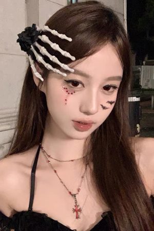 Sheer Wine-Red Transparent Mesh Gloves with Rose Skull Hairpin - Vintage Halloween Cosplay Accessories for Spicy Looks