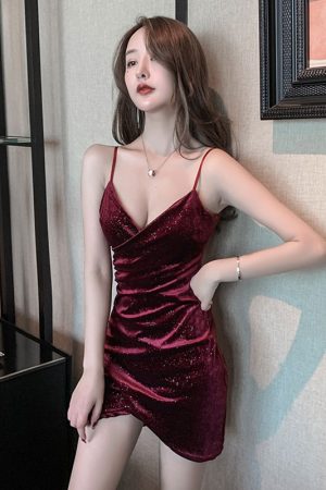 Shiny Gold Velvet Spaghetti Strap Dress - Sexy Low-Cut Deep V-Neck Evening Dress for Nightclub and Party Wear