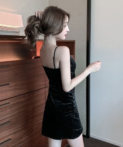 Shiny Gold Velvet Spaghetti Strap Dress - Sexy Low-Cut Deep V-Neck Evening Dress for Nightclub and Party Wear