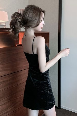 Shiny Gold Velvet Spaghetti Strap Dress - Sexy Low-Cut Deep V-Neck Evening Dress for Nightclub and Party Wear