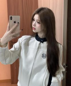 Short Embroidered Baseball Jacket for Women, Slim Fit Casual Cardigan Top, Winter Fashion Outerwear