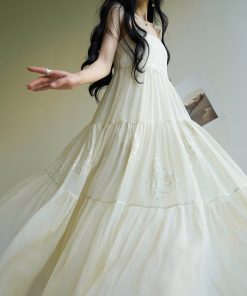 Silk Language French Romantic Heavy Embroidery Slip Dress with Flared Hem - Ethereal Vacation Style