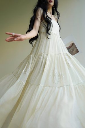 Silk Language French Romantic Heavy Embroidery Slip Dress with Flared Hem - Ethereal Vacation Style