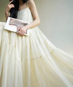 Silk Language French Romantic Heavy Embroidery Slip Dress with Flared Hem - Ethereal Vacation Style