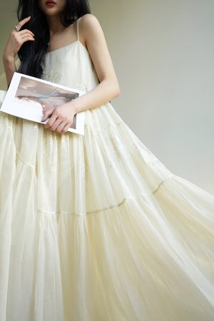 Silk Language French Romantic Heavy Embroidery Slip Dress with Flared Hem - Ethereal Vacation Style