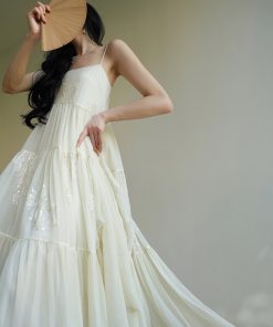 Silk Language French Romantic Heavy Embroidery Slip Dress with Flared Hem - Ethereal Vacation Style