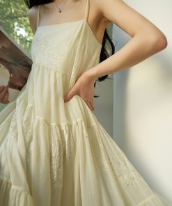 Silk Language French Romantic Heavy Embroidery Slip Dress with Flared Hem - Ethereal Vacation Style