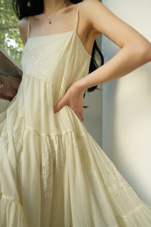 Silk Language French Romantic Heavy Embroidery Slip Dress with Flared Hem - Ethereal Vacation Style