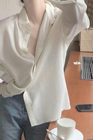 Silky Minimalist Loose Silhouette Shirt - High-End Feel Korean Style Top for Effortless Chic Fashion