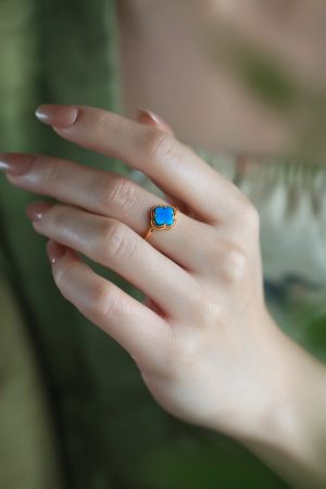 Silver and Gold-Plated Four-Leaf Clover Ring with Turquoise and Jade Inlay - Chinese Style Wealth and Prosperity Jewelry for Women
