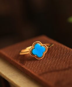 Silver and Gold-Plated Four-Leaf Clover Ring with Turquoise and Jade Inlay - Chinese Style Wealth and Prosperity Jewelry for Women