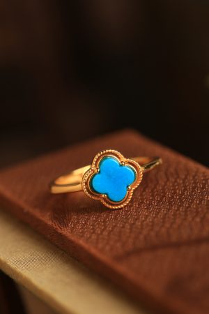 Silver and Gold-Plated Four-Leaf Clover Ring with Turquoise and Jade Inlay - Chinese Style Wealth and Prosperity Jewelry for Women