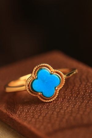 Silver and Gold-Plated Four-Leaf Clover Ring with Turquoise and Jade Inlay - Chinese Style Wealth and Prosperity Jewelry for Women