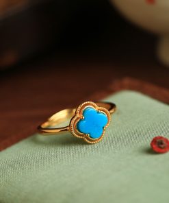 Silver and Gold-Plated Four-Leaf Clover Ring with Turquoise and Jade Inlay - Chinese Style Wealth and Prosperity Jewelry for Women