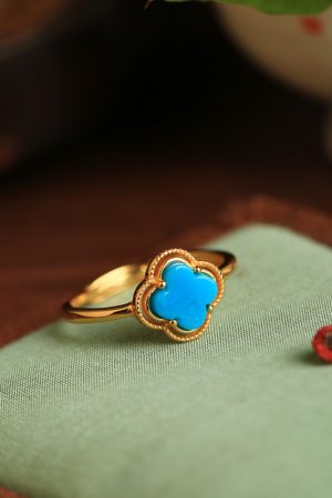 Silver and Gold-Plated Four-Leaf Clover Ring with Turquoise and Jade Inlay - Chinese Style Wealth and Prosperity Jewelry for Women