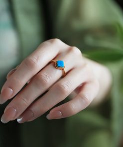 Silver and Gold-Plated Four-Leaf Clover Ring with Turquoise and Jade Inlay - Chinese Style Wealth and Prosperity Jewelry for Women