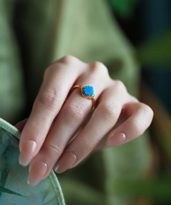 Silver and Gold-Plated Four-Leaf Clover Ring with Turquoise and Jade Inlay - Chinese Style Wealth and Prosperity Jewelry for Women