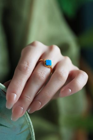 Silver and Gold-Plated Four-Leaf Clover Ring with Turquoise and Jade Inlay - Chinese Style Wealth and Prosperity Jewelry for Women