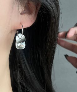 Silver Double-Layer Round Disc Linked Hoop Earrings - Light Luxury High-End Versatile Women's Jewelry