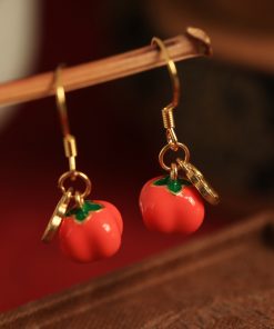 Silver Enamel Persimmon-Shaped Earrings for Women, Traditional Chinese Good Fortune Design, Red Stud and Drop Earrings, Year of Birth Gift