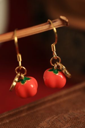 Silver Enamel Persimmon-Shaped Earrings for Women, Traditional Chinese Good Fortune Design, Red Stud and Drop Earrings, Year of Birth Gift