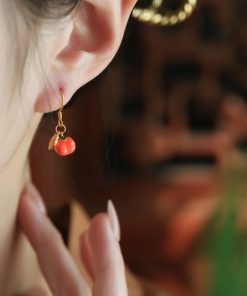 Silver Enamel Persimmon-Shaped Earrings for Women, Traditional Chinese Good Fortune Design, Red Stud and Drop Earrings, Year of Birth Gift
