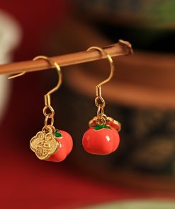 Silver Enamel Persimmon-Shaped Earrings for Women, Traditional Chinese Good Fortune Design, Red Stud and Drop Earrings, Year of Birth Gift
