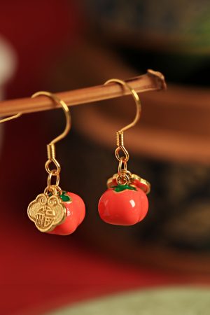Silver Enamel Persimmon-Shaped Earrings for Women, Traditional Chinese Good Fortune Design, Red Stud and Drop Earrings, Year of Birth Gift