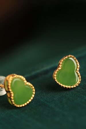 Silver Gourd Earrings for Women with Raw Jade & Jadeite Stones - Chinese Style Green Jewelry, Boho Chic Accessory