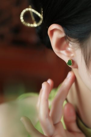 Silver Gourd Earrings for Women with Raw Jade & Jadeite Stones - Chinese Style Green Jewelry, Boho Chic Accessory