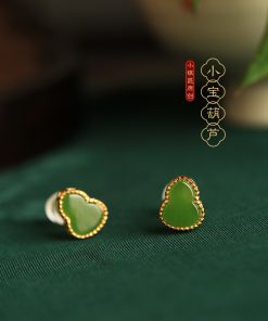 Silver Gourd Earrings for Women with Raw Jade & Jadeite Stones - Chinese Style Green Jewelry, Boho Chic Accessory