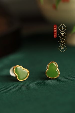 Silver Gourd Earrings for Women with Raw Jade & Jadeite Stones - Chinese Style Green Jewelry, Boho Chic Accessory