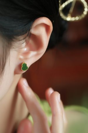 Silver Gourd Earrings for Women with Raw Jade & Jadeite Stones - Chinese Style Green Jewelry, Boho Chic Accessory